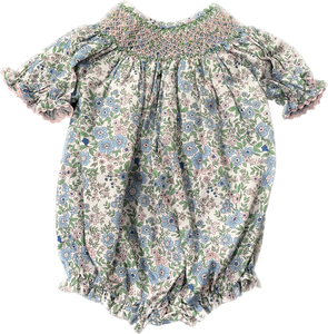 Girls Light Blue Floral Smocked Bubble