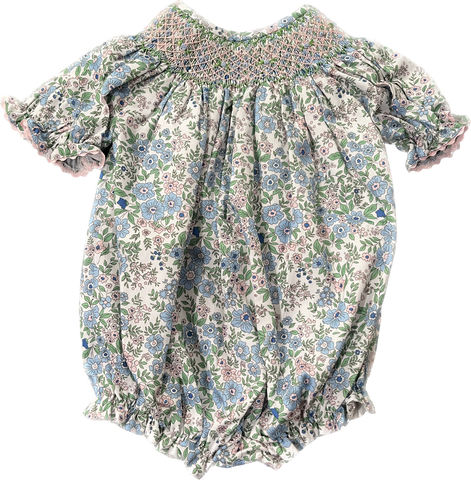 Girls Light Blue Floral Smocked Bubble