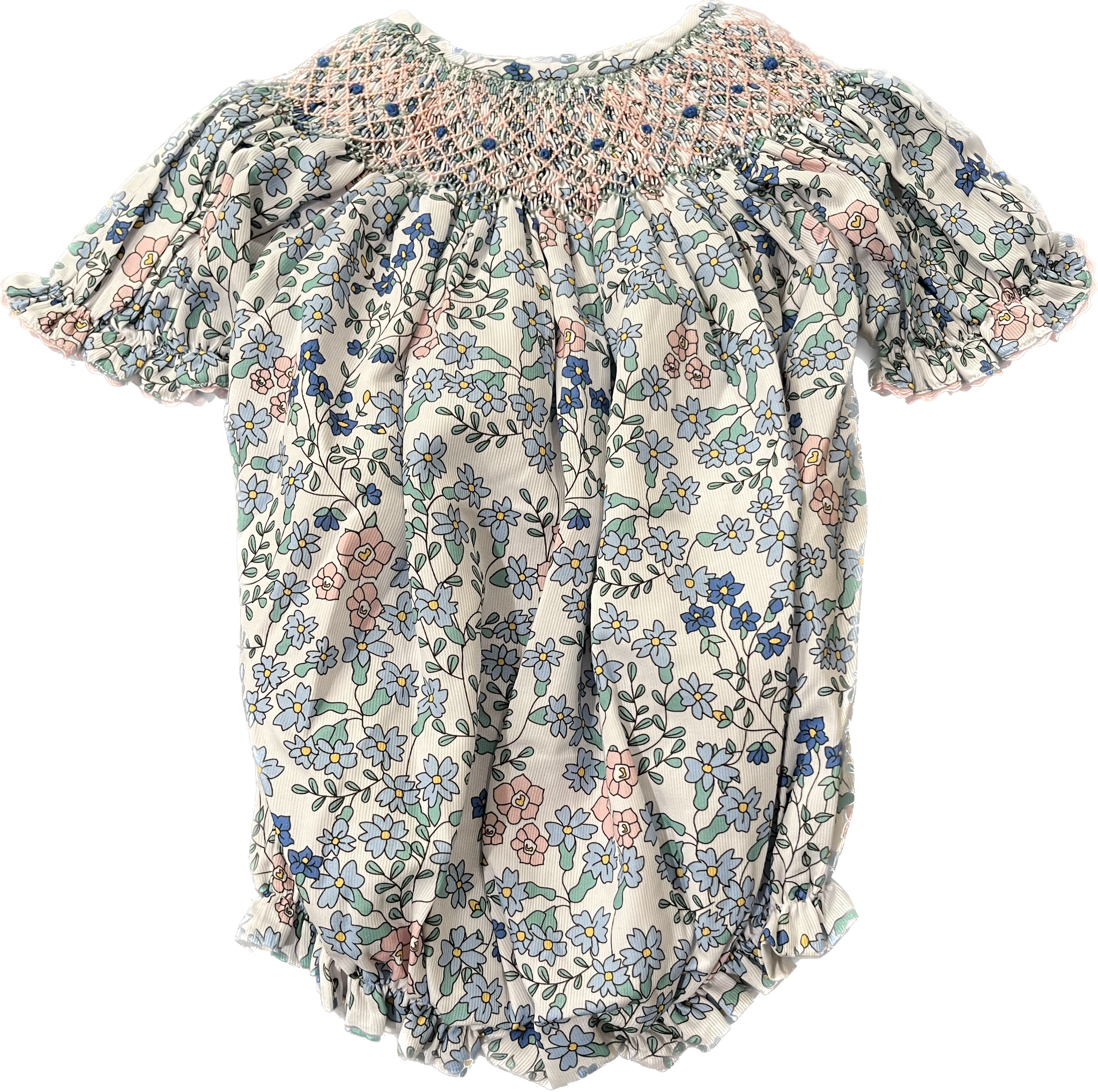 Girls Blue Floral Smocked Bubble