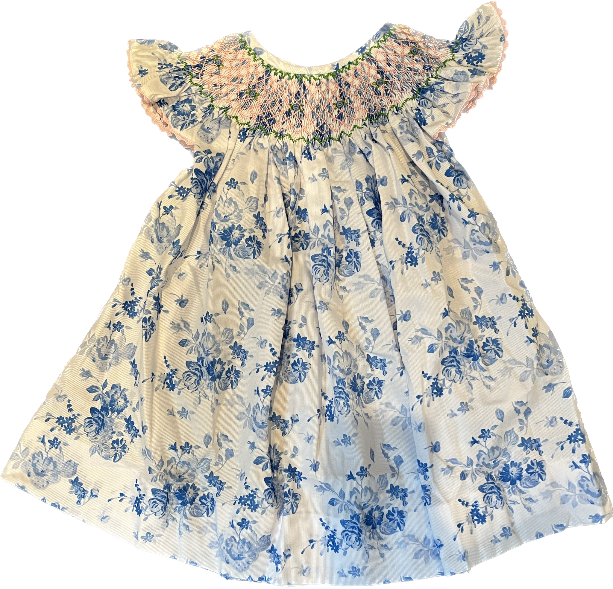 Girls Blue & White Floral Smocked Dress