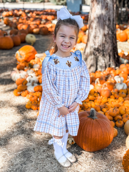 PRE-ORDER: Girls Blue & Brown Plaid Turkey Smocked Dress (ETA August)