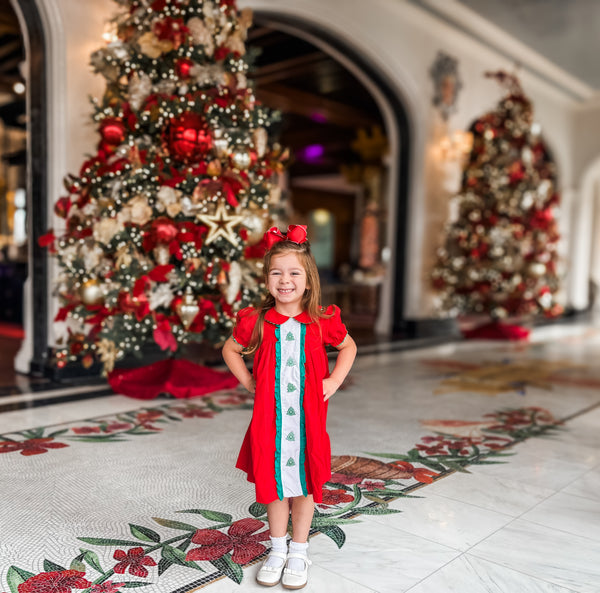 PRE-ORDER: Girls Christmas Tree Button Corduroy Dress (ETA September)