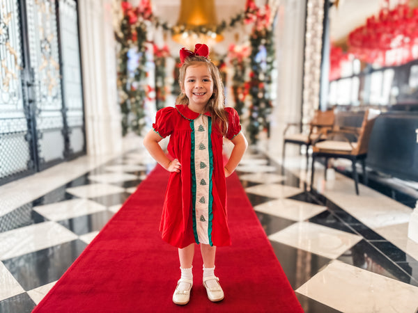 PRE-ORDER: Girls Christmas Tree Button Corduroy Dress (ETA September)