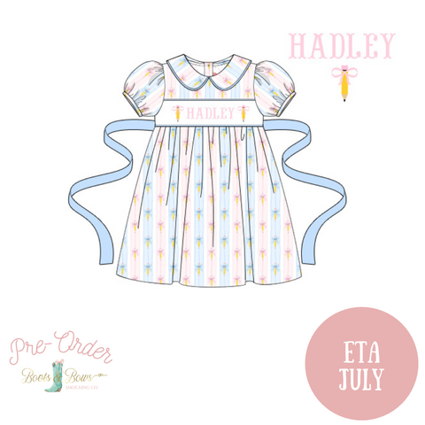 PRE-ORDER: Pencils and Bows Custom Smocked Dress (ETA JULY)