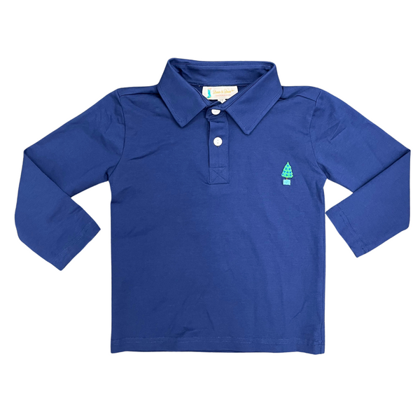 Boys Navy Christmas Tree Long-Sleeved Polo
