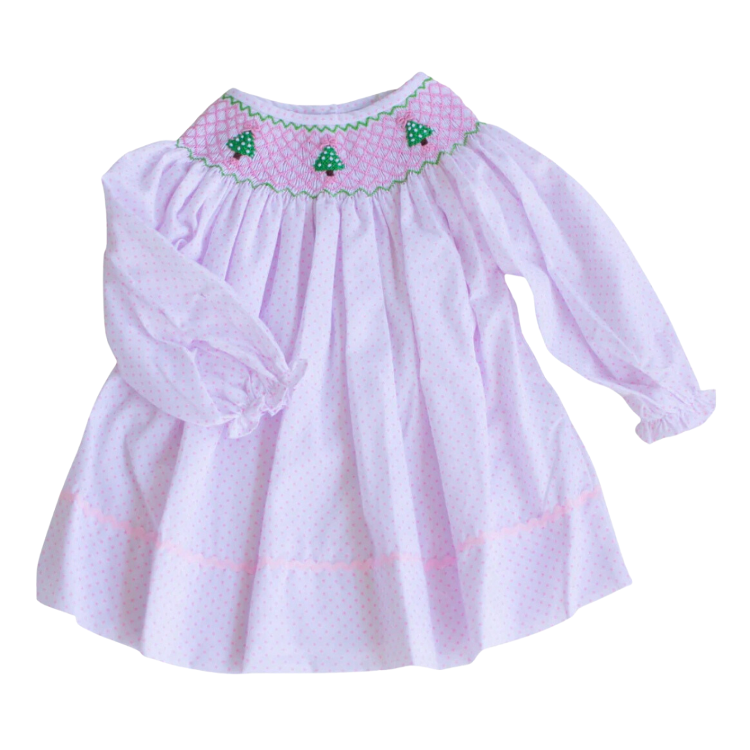 Girls Pink Polka Dot Smocked Christmas Tree Dress