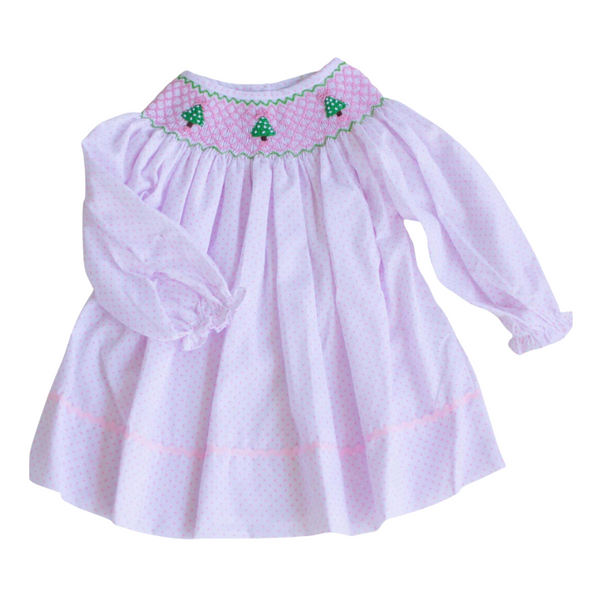 Girls Pink Polka Dot Smocked Christmas Tree Dress