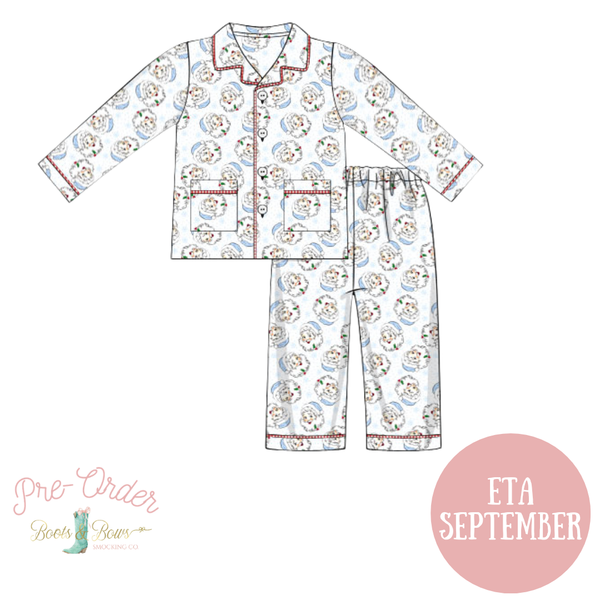 PRE-ORDER: Boys Vintage Blue Santa Button-up Pajamas (ETA September)
