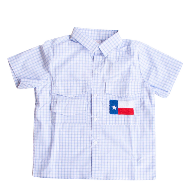 Blooper: Boys Windowpane Texas Flag Fishing Shirt “sLc” - Size 6M