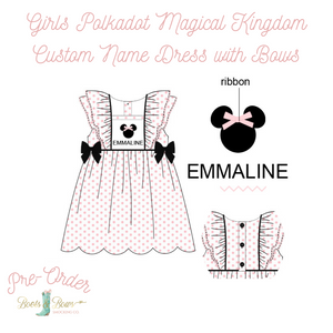 PRE-ORDER: Girls Polkadot Magical Kingdom Custom Name Dress with Bows (ETA 8-12 weeks from order date))