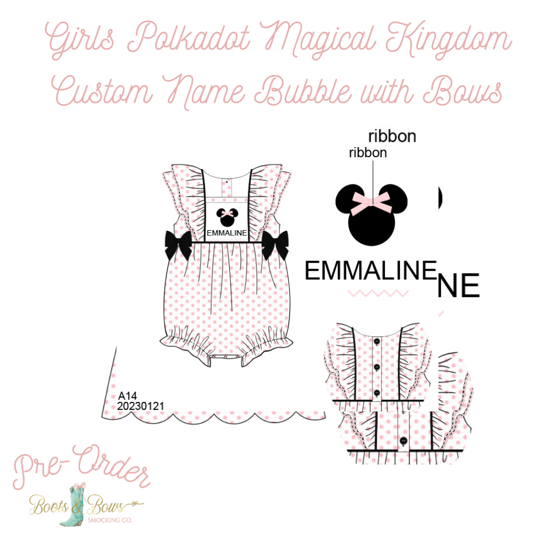 PRE-ORDER: Girls Polkadot Magical Kingdom Custom Name Bubble with Bows (ETA 8-12 weeks from order date)