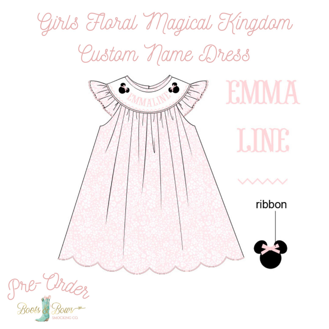 PRE-ORDER: Girls Floral Magical Kingdom Custom Name Dress (ETA 8-12 weeks from order date)