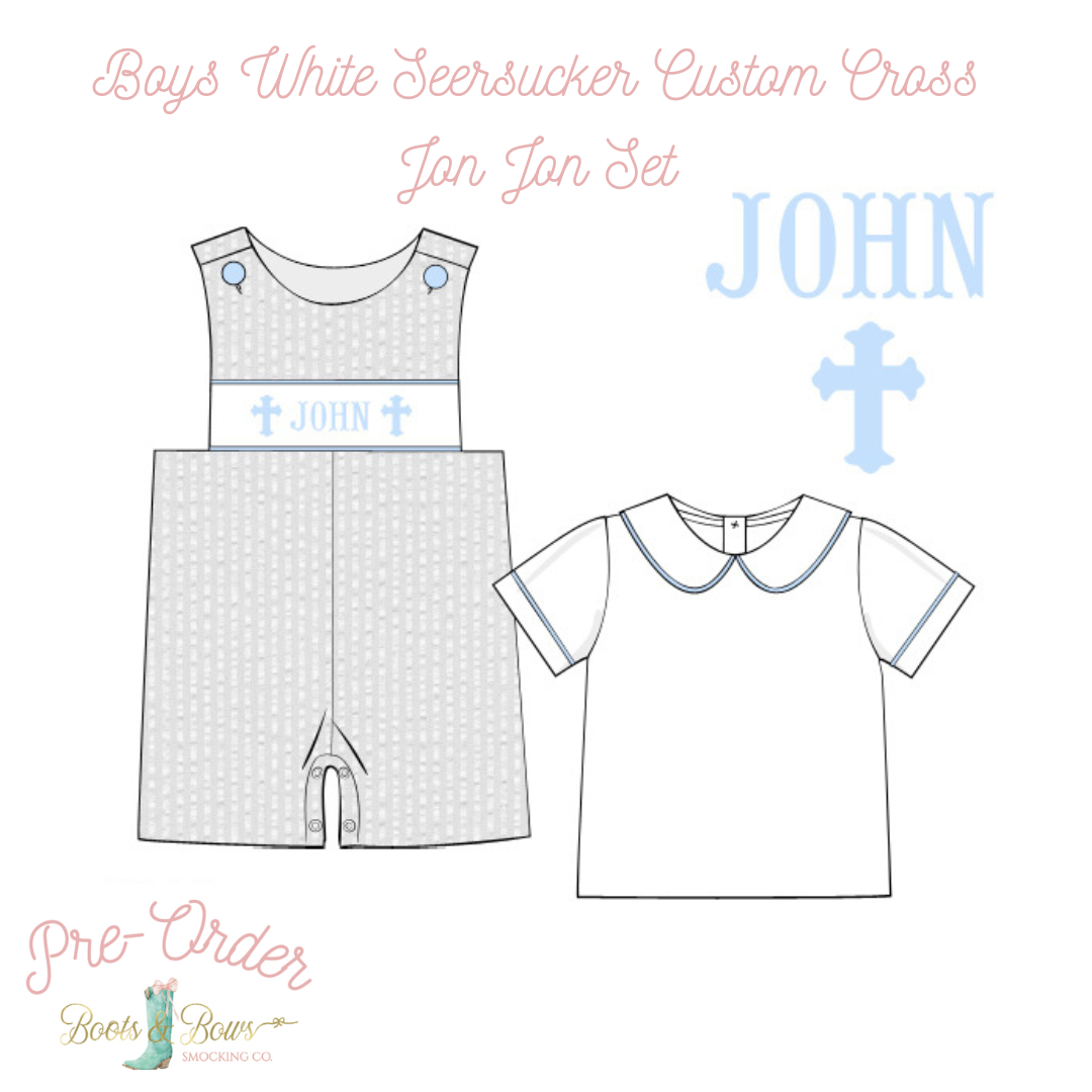 PRE-ORDER: Boys White Seersucker Custom Cross Short Jon Jon Set (ETA 8-12 weeks from order date)