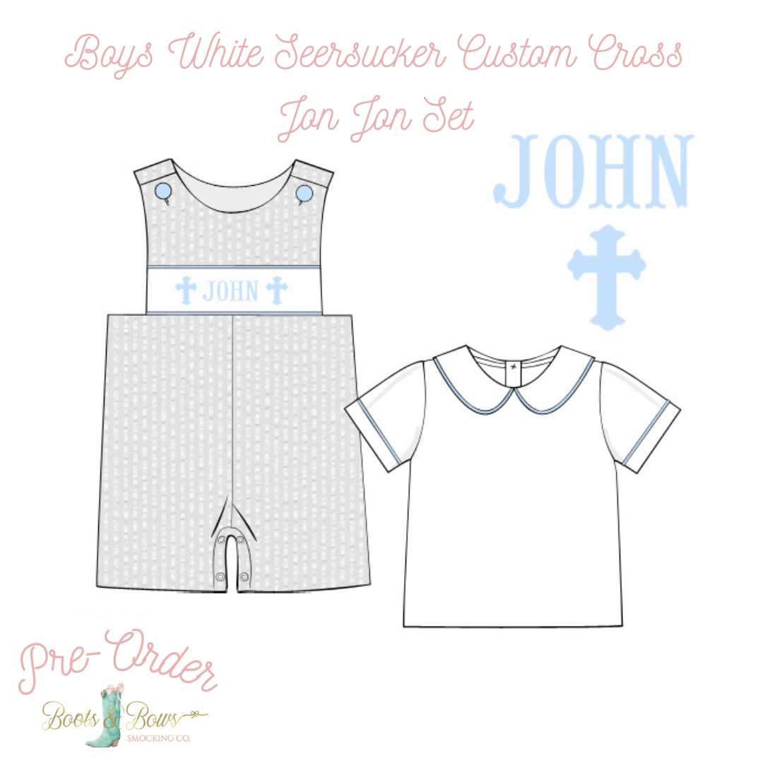 PRE-ORDER: Boys White Seersucker Custom Cross Short Jon Jon Set (ETA 12-15 weeks from order date)