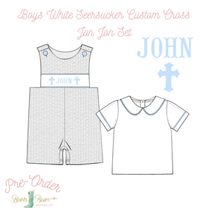PRE-ORDER: Boys White Seersucker Custom Cross Short Jon Jon Set (ETA 12-15 weeks from order date)
