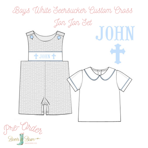 PRE-ORDER: Boys White Seersucker Custom Cross Short Jon Jon Set (ETA 8-12 weeks from order date)