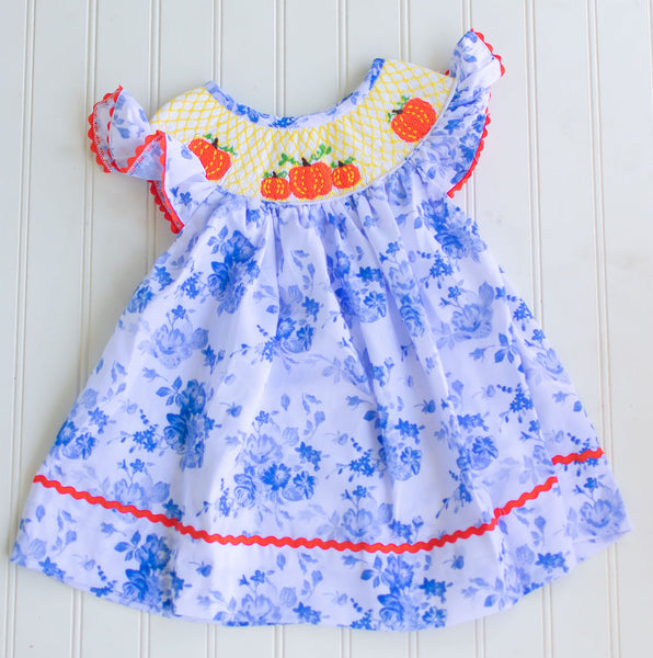 DAMAGED Girls Blue Floral & Smocked Pumpkins Dress - 18M