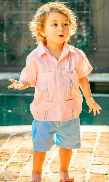Boys Summer Fiesta - Pink Linen Shirt + Light Blue Shorts