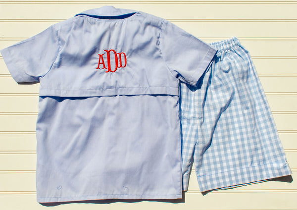 Boys Blue Fishing Shirt with Red Crayon & Blue Gingham Shorts Set