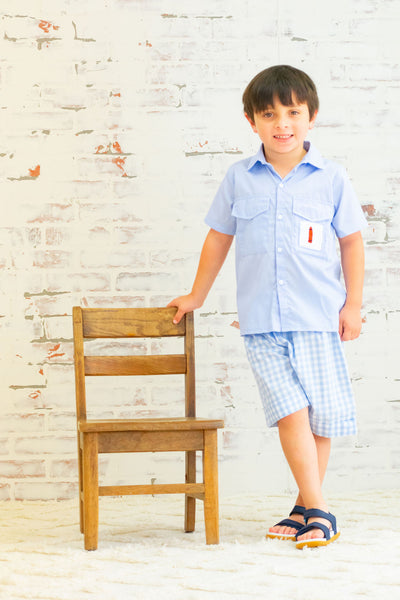 Boys Blue Fishing Shirt with Red Crayon & Blue Gingham Shorts Set