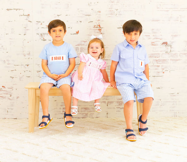 Boys Blue Fishing Shirt with Red Crayon & Blue Gingham Shorts Set