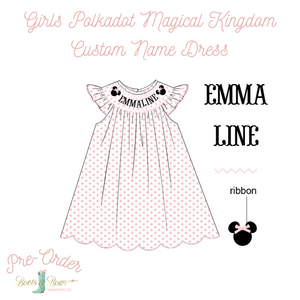 PRE-ORDER: Girls Polkadot Magical Kindgom Custom Name Dress (ETA 8-12 weeks from order date)