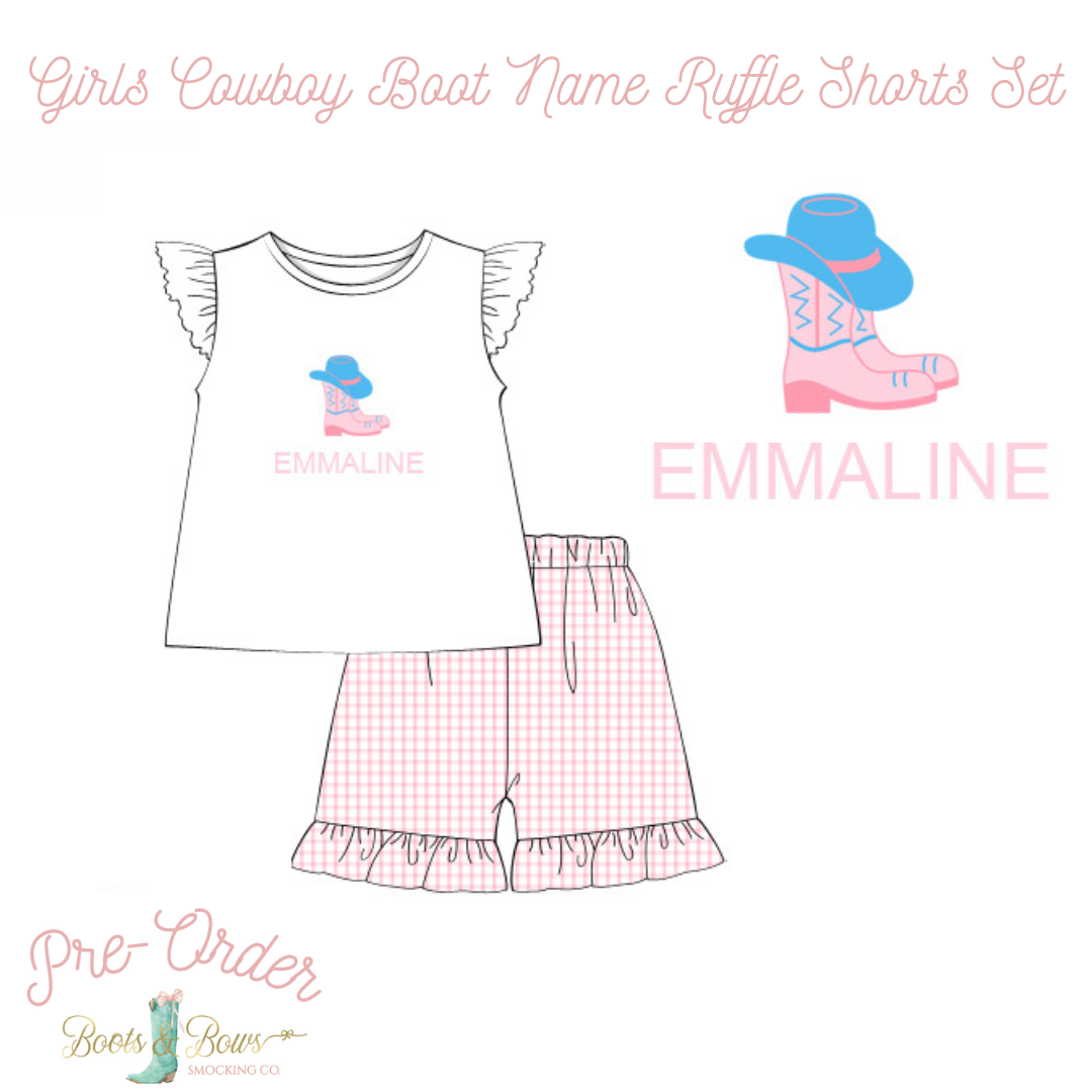 PRE-ORDER: Girls Cowboy Boot Name Ruffle Shorts Set (ETA 8-12 weeks from order date)