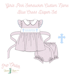 PRE-ORDER: Girls Pink Seersucker Custom Name Blue Cross Diaper Set (ETA 8-12 Weeks from Order Date)