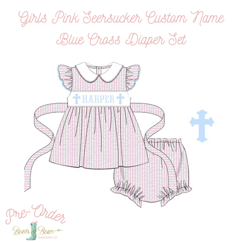 PRE-ORDER: Girls Pink Seersucker Custom Name Blue Cross Diaper Set (ETA 12-15 Weeks from Order Date)
