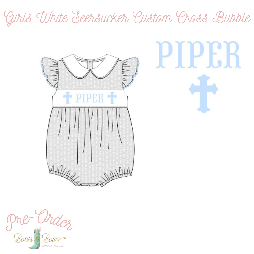 PRE-ORDER: Girls White Seersucker Custom Cross Bubble (ETA 8-12 weeks from order date)