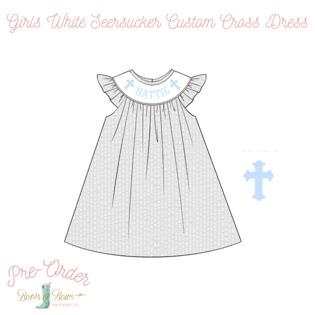 PRE-ORDER: Girls White Seersucker Custom Name Cross Dress (8-12 weeks from order date)