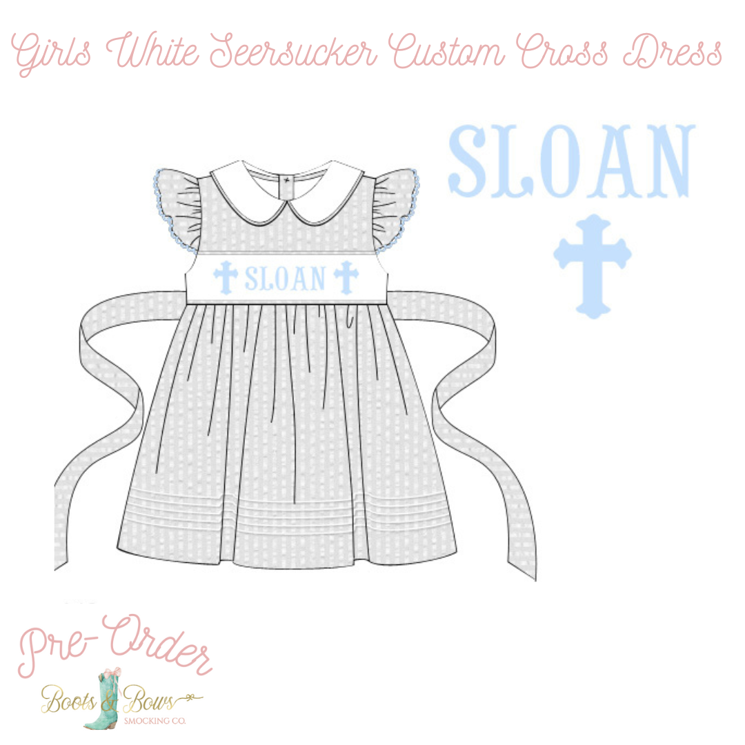 PRE-ORDER: Girls White Seersucker Custom Cross Dress (ETA 8-12 weeks from order date)